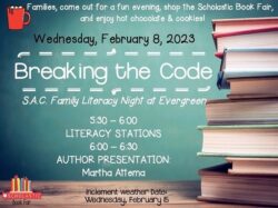 Stacked Books on Desk Table Invitation to Join Evergreen Heights S.A.C. for Literacy Night on February 8 2023