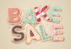 Hand drawn lettering that says Bake Sale in the shape of delicious and colorful cookies. This is an eps10 file with blends and transparency